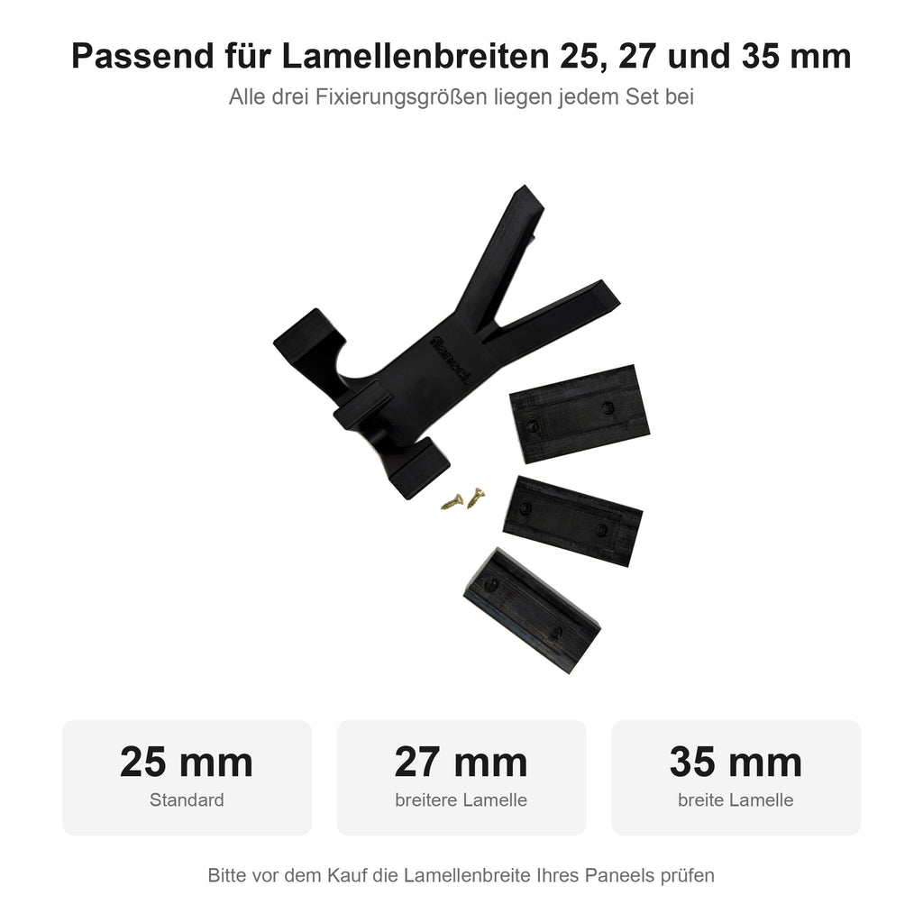 Fixierungen für Akustikpaneel-Lamellen mit 25, 27 und 35 Millimeter Breite